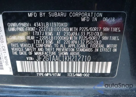 2019 Subaru Crosstrek 2.0I from USA, damaged, VIN JF2GTAAC1KH212710